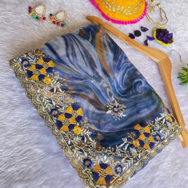 Organza Saree with Multicolor Digital Print and Embroidery