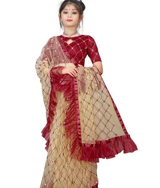 Embroidery and Ruffle Lace Work Super Net Saree