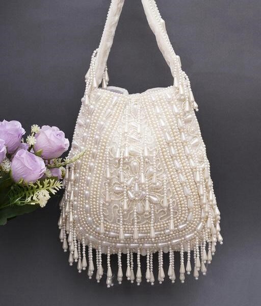 Off White Hand Embroidered Hand Clutch Purse