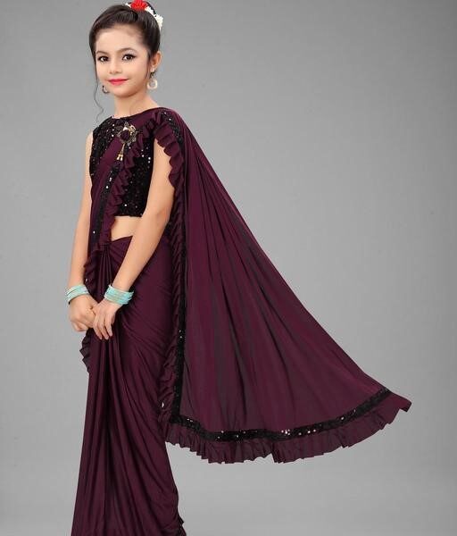 Wine Lycra Blend Ruffle Pattern Saree