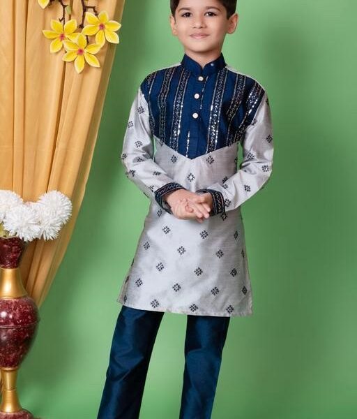 Embroidery & Sequins Work Grey Dupion Silk Kurta & Pajama Set for Boys