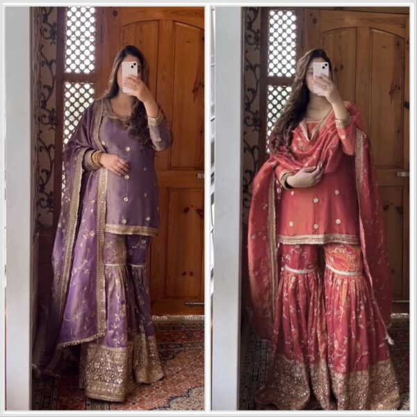 Chinon Silk Top-Sharara And Dupatta Set