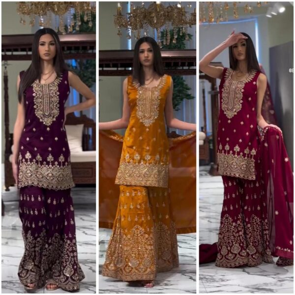 Foux Georgette Top-Sharara and Dupatta Set